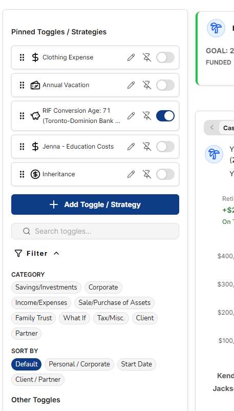 Strategy toggles and pinning